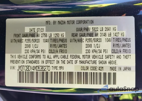 2021 Mazda Cx-9 Grand Touring from USA, damaged, VIN JM3TCBDY4M0536270